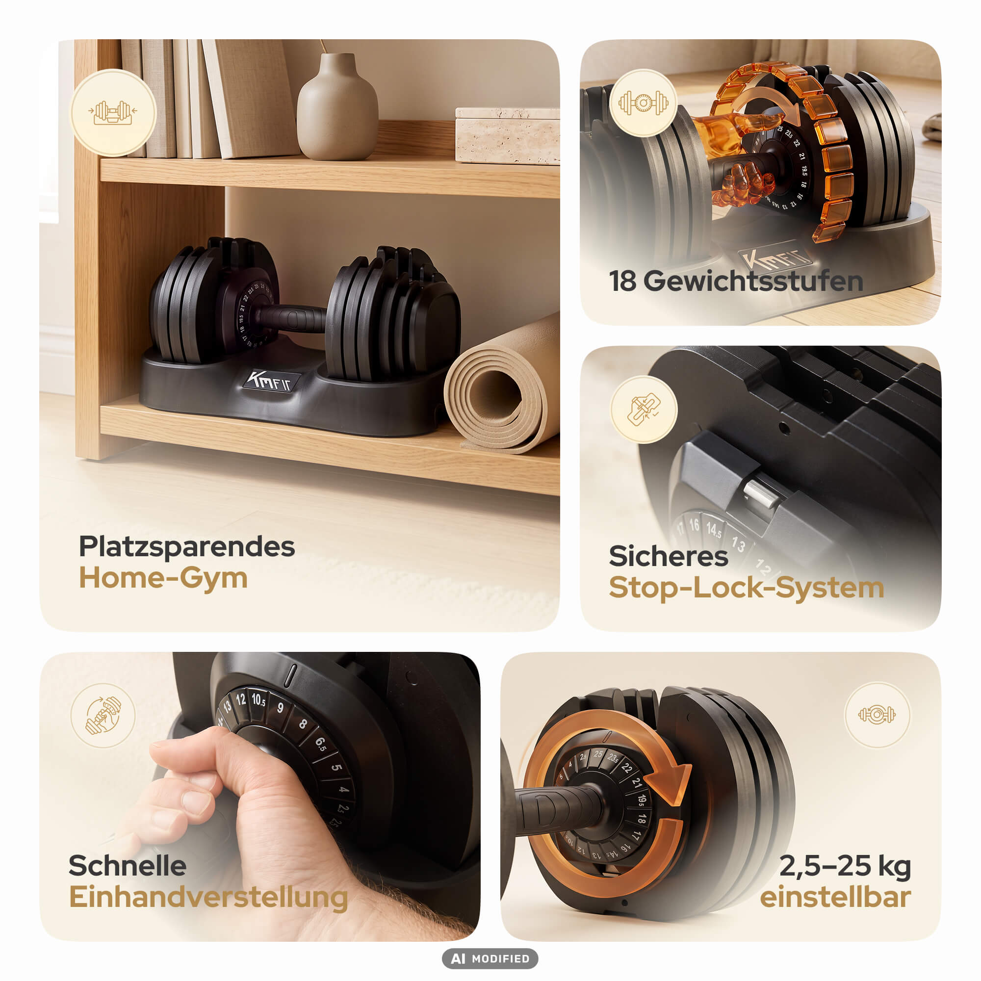 Verstellbare Hantel für das Home-Gym mit Einstellmöglichkeiten von 2,5 bis 25 kg und einem sicheren Stop-Lock-System.