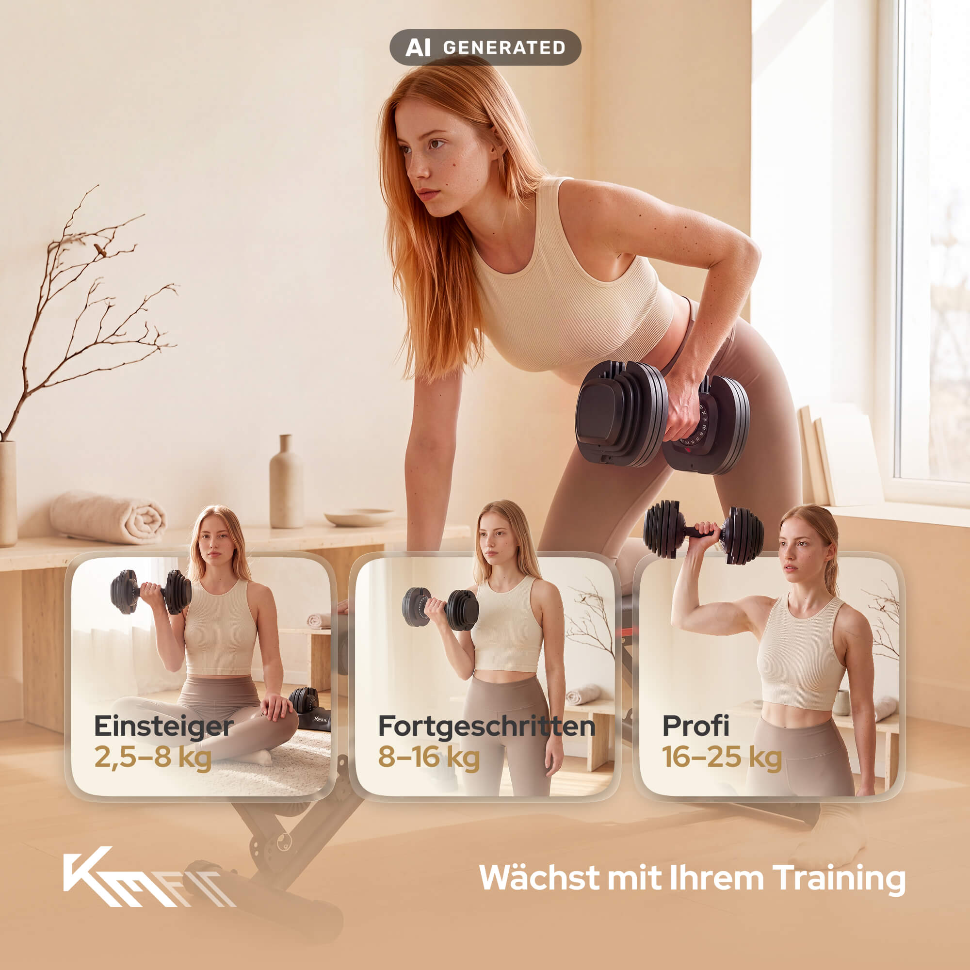 Eine Frau in Sportkleidung trainiert in drei Schritten mit Hanteln für verschiedene Niveaus.