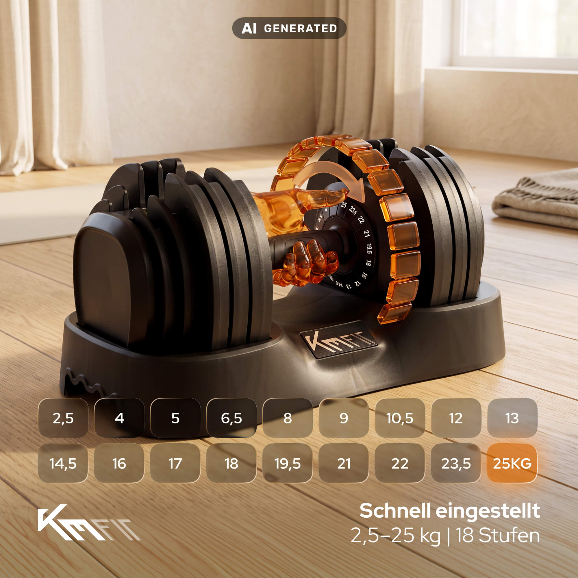 Verstellbare Hantel auf Holzboden, mit Auswahlzahlen von 2,5 bis 25 kg und einer transparenten Handgrafik.