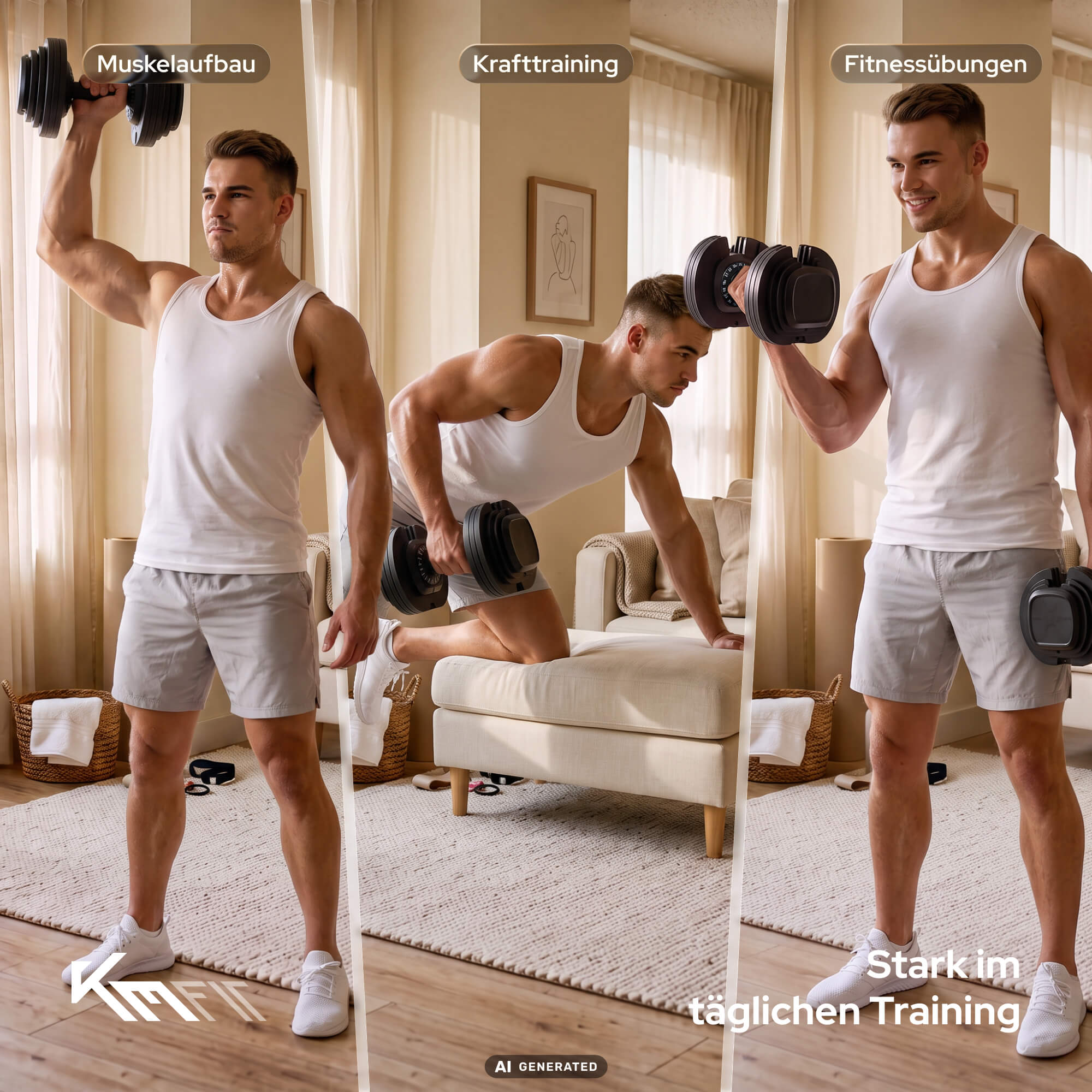 Ein Mann beim Hanteltraining im Wohnzimmer mit verschiedenen Übungen.
