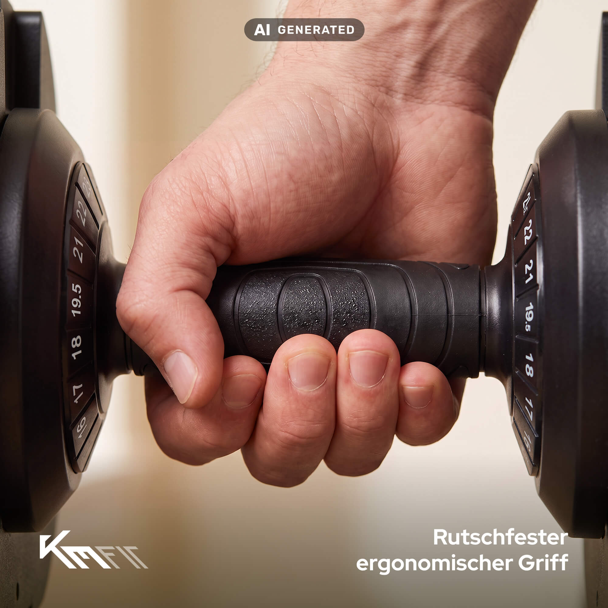 Eine Hand greift einen schwarzen, ergonomischen Hantelgriff mit Gewichten an den Seiten.