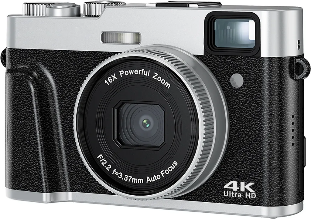 Eine silber-schwarze Digitalkamera mit großem Objektiv, beschriftet mit 4K Ultra HD und 16X Powerful Zoom.
