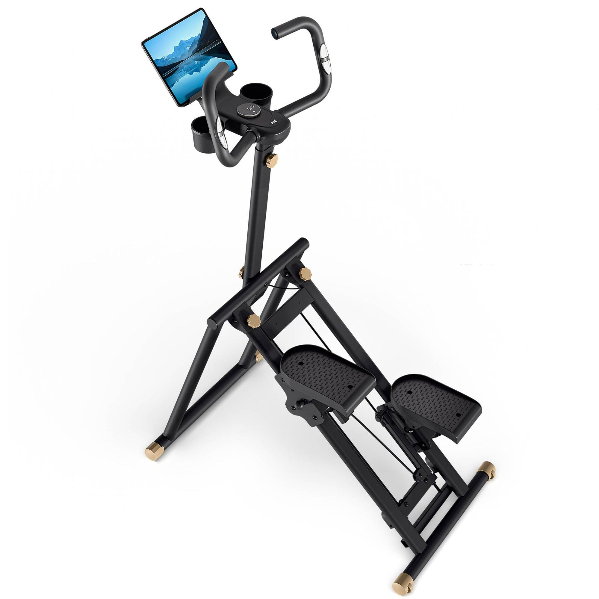 Ein schwarzer Heimtrainer mit Pedalen, Lenker und Tablet-Halterung auf weißem Hintergrund.