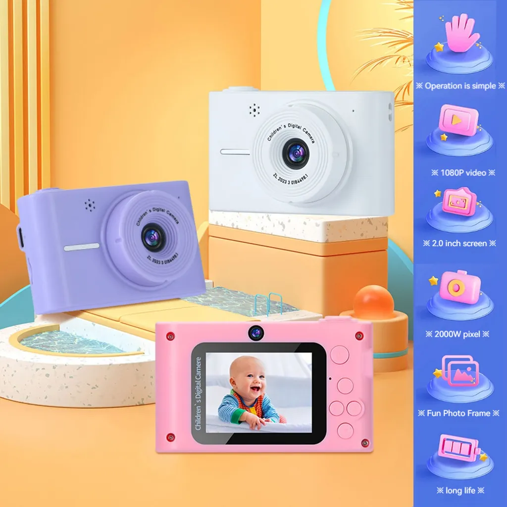 Drei bunte Kinderkameras in Weiß, Lila und Pink auf einem bunten Hintergrund mit Produktfeatures.