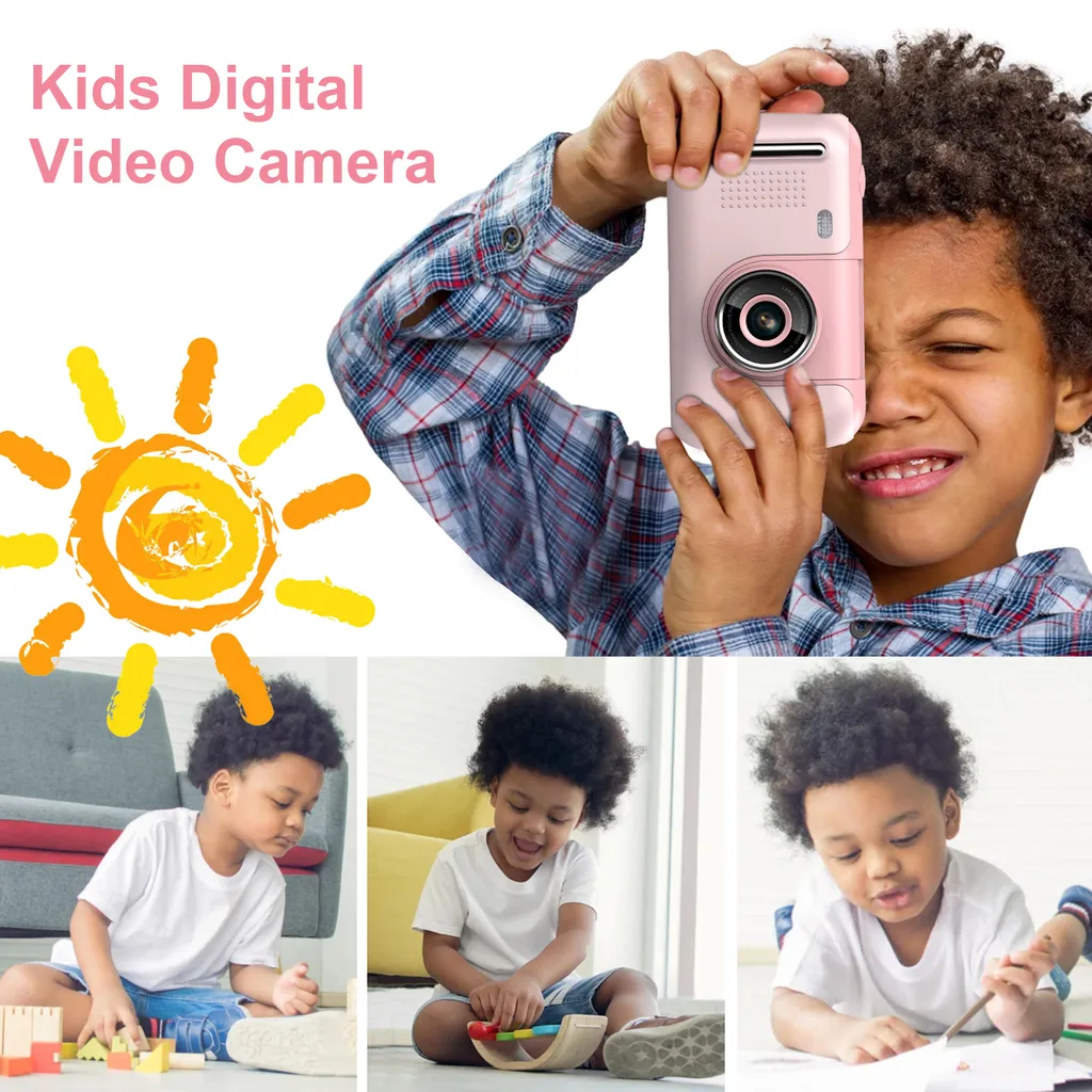 Ein Kind in kariertem Hemd fotografiert mit einer rosa Digitalkamera, daneben spielen Szenen.