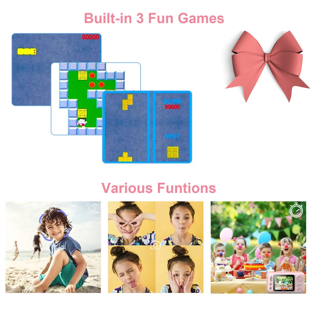 Spielzeugwerbung mit eingebauten Spielen, pinker Schleife und Fotos von Kindern in verschiedenen Funktionen.