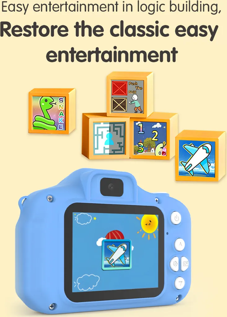 Eine blaue Kinderkamera zeigt ein Flugzeugspiel, umgeben von gelben Blöcken mit klassischen Spielen.