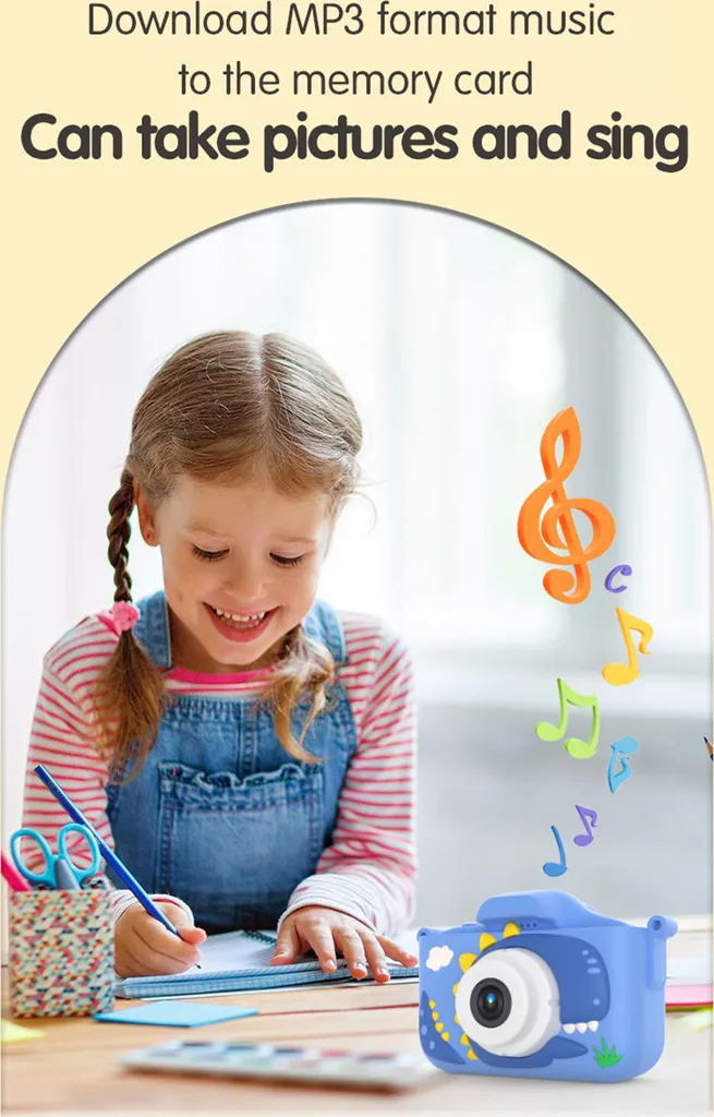 Ein smiling Mädchen schreibt, daneben eine blaue Kinderkamera und aufsteigende Musiknoten.