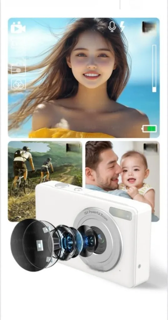 Eine weiße Digitalkamera mit ausgefahrenen Objektivkomponenten und Beispielfotos im Hintergrund.