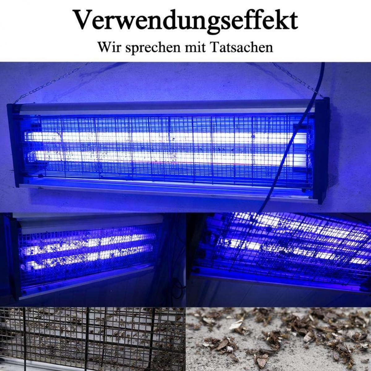 Blaulicht-Insektenvernichter an der Wand mit gefangenen Insekten.