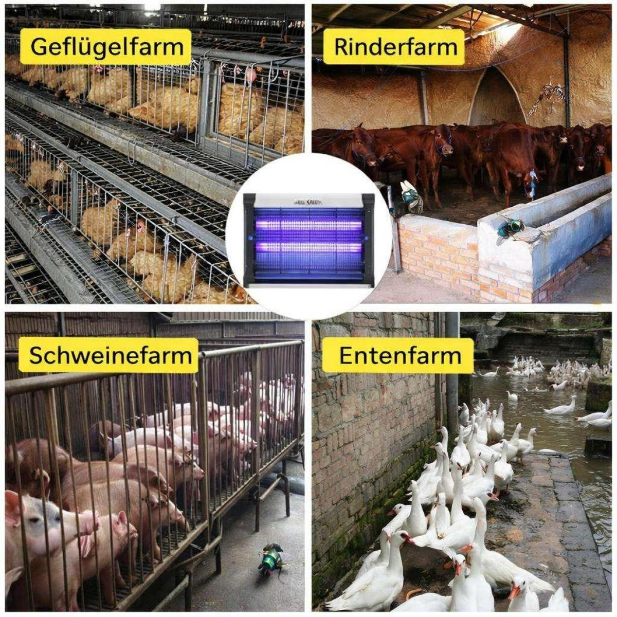 Ein zentraler Insektenvernichter, umgeben von vier Farmszenen mit Geflügel, Rindern, Schweinen und Enten.