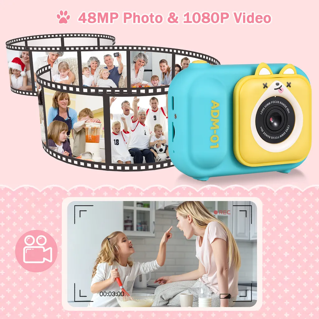Eine blaue Kinderkamera mit einem gelben Katzengehäuse, Filmstreifen mit Familienfotos und einem Videobild.