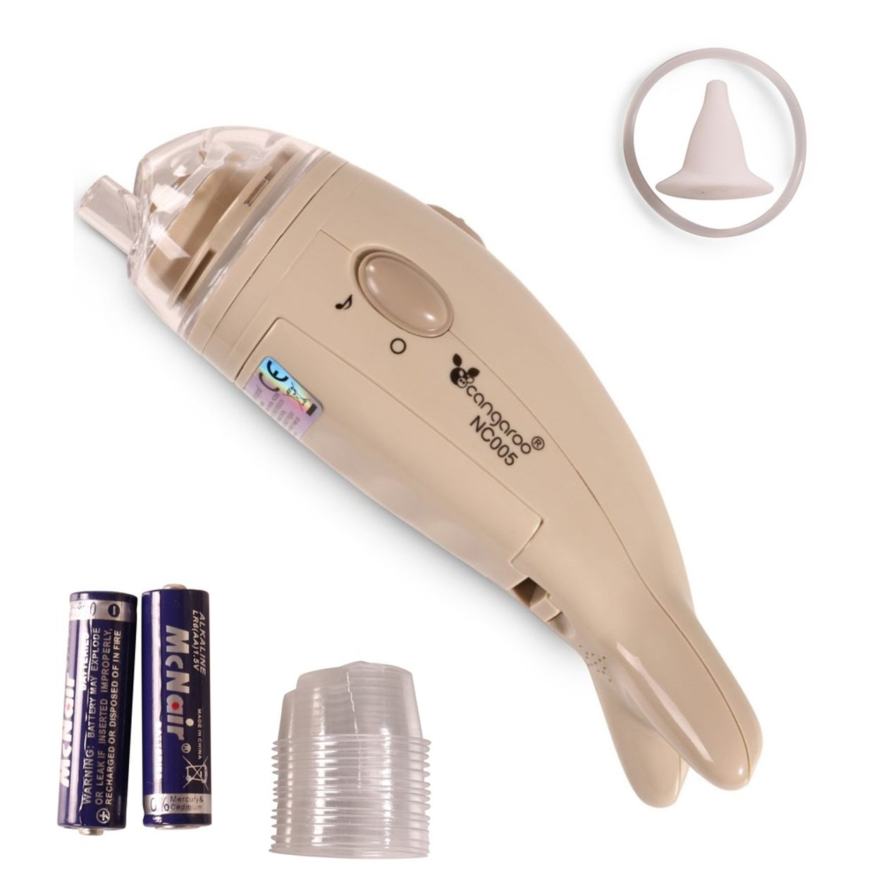 Ein beige elektrischer Nasensauger mit Batterien, Aufsätzen und Zubehör auf weißem Hintergrund.