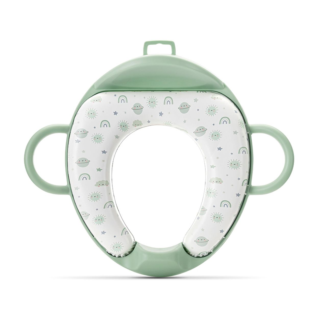 Grüner Kindertoilettensitz mit Haltegriffen und niedlichem Muster aus Planeten, Sternen und Regenbögen.