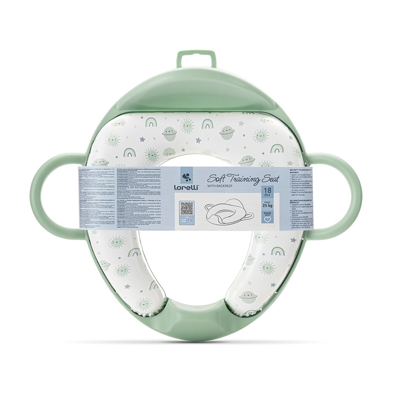 Grüner Lorelli Soft-Toilettensitz mit Rückenlehne und Griffen, verziert mit einem niedlichen Muster aus Sonnengesichtern.
