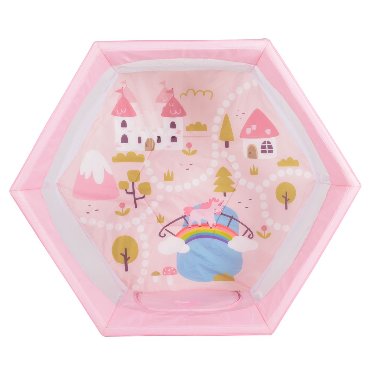 Rosa Laufstall von oben mit einer fantasievollen Spielmatte mit Schloss, Bergen und einem Einhorn.