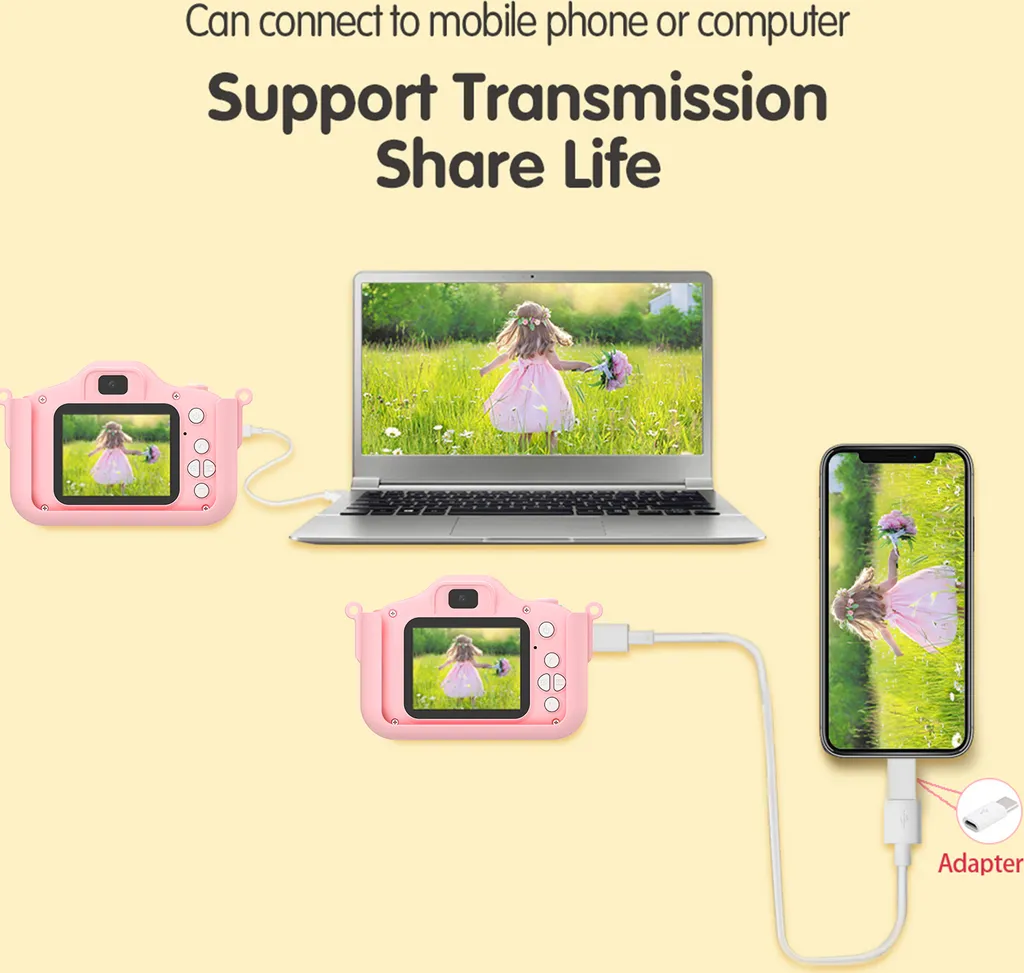 Rosa Kinderkamera angeschlossen an Laptop und Smartphone zur Datenübertragung.