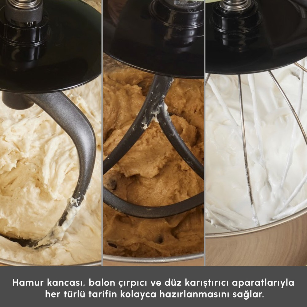 Üç panel mikser aparatlarını gösterir: beyaz hamurlu kanca, kahverengi hamurlu karıştırıcı ve beyaz krema ile çırpıcı.