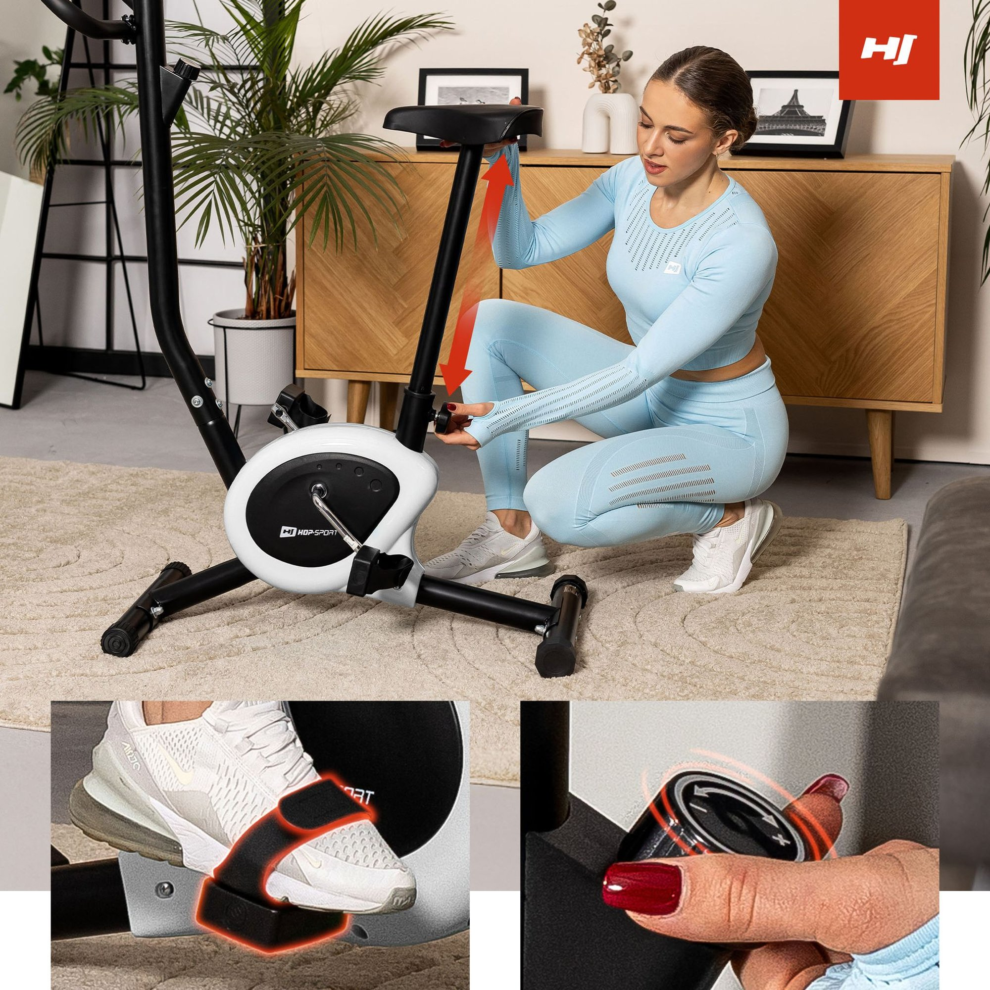 Eine Frau verstellt den Hocker eines Heimtrainers, mit Detailaufnahmen von Pedalriemen und Widerstandsknopf.