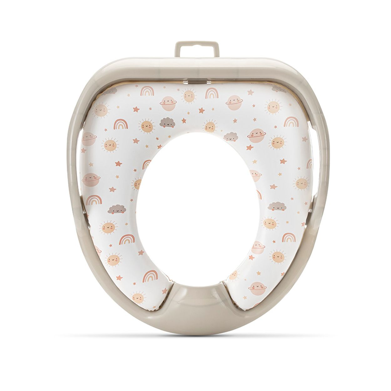 Beige Kindertoilettensitz mit gepolstertem Kissen und niedlichem Sonnen-, Regenbogen- und Sternenmuster.