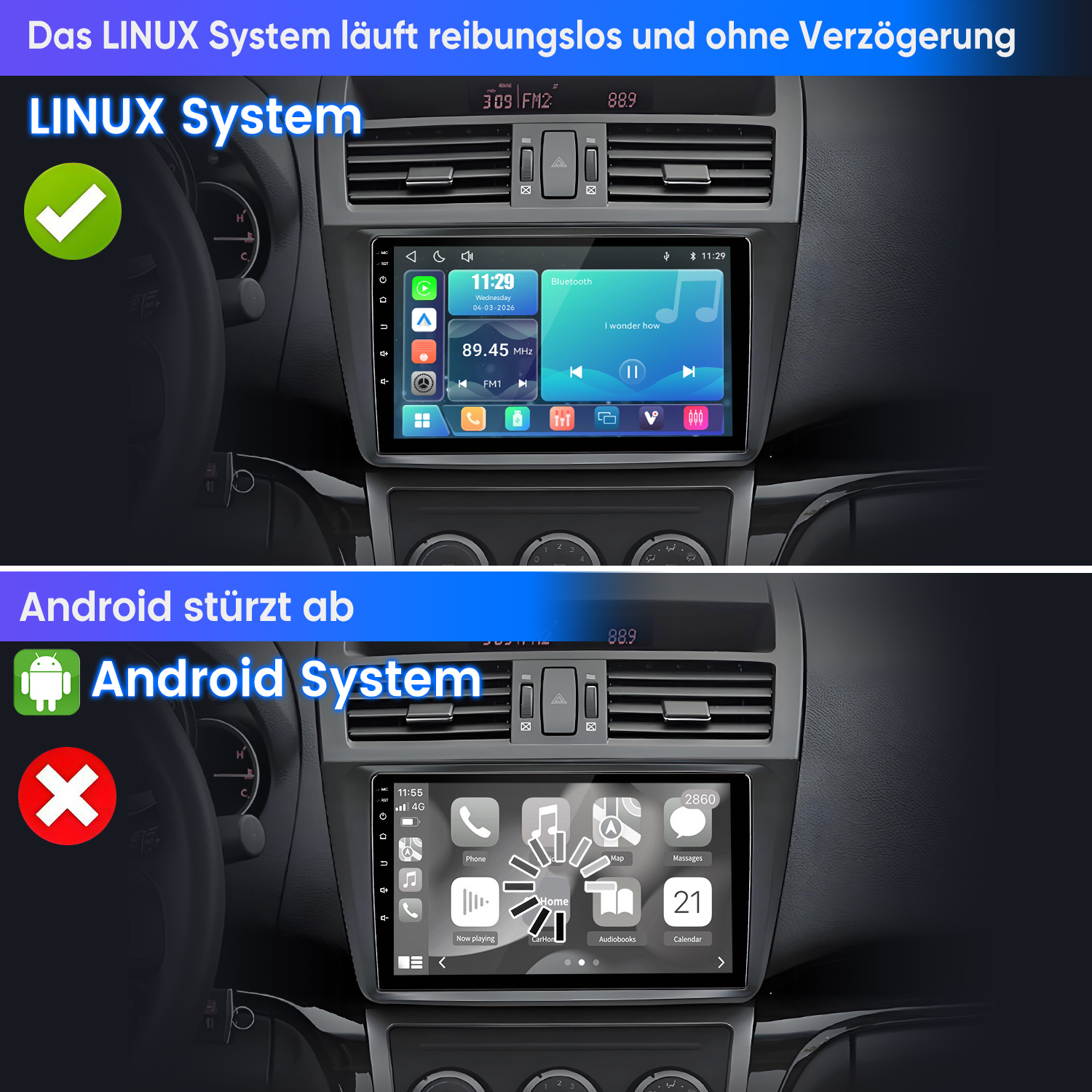 Vergleich eines Auto-Dashboards mit flüssiger Linux-Systemoberfläche und hängendem Android-System.