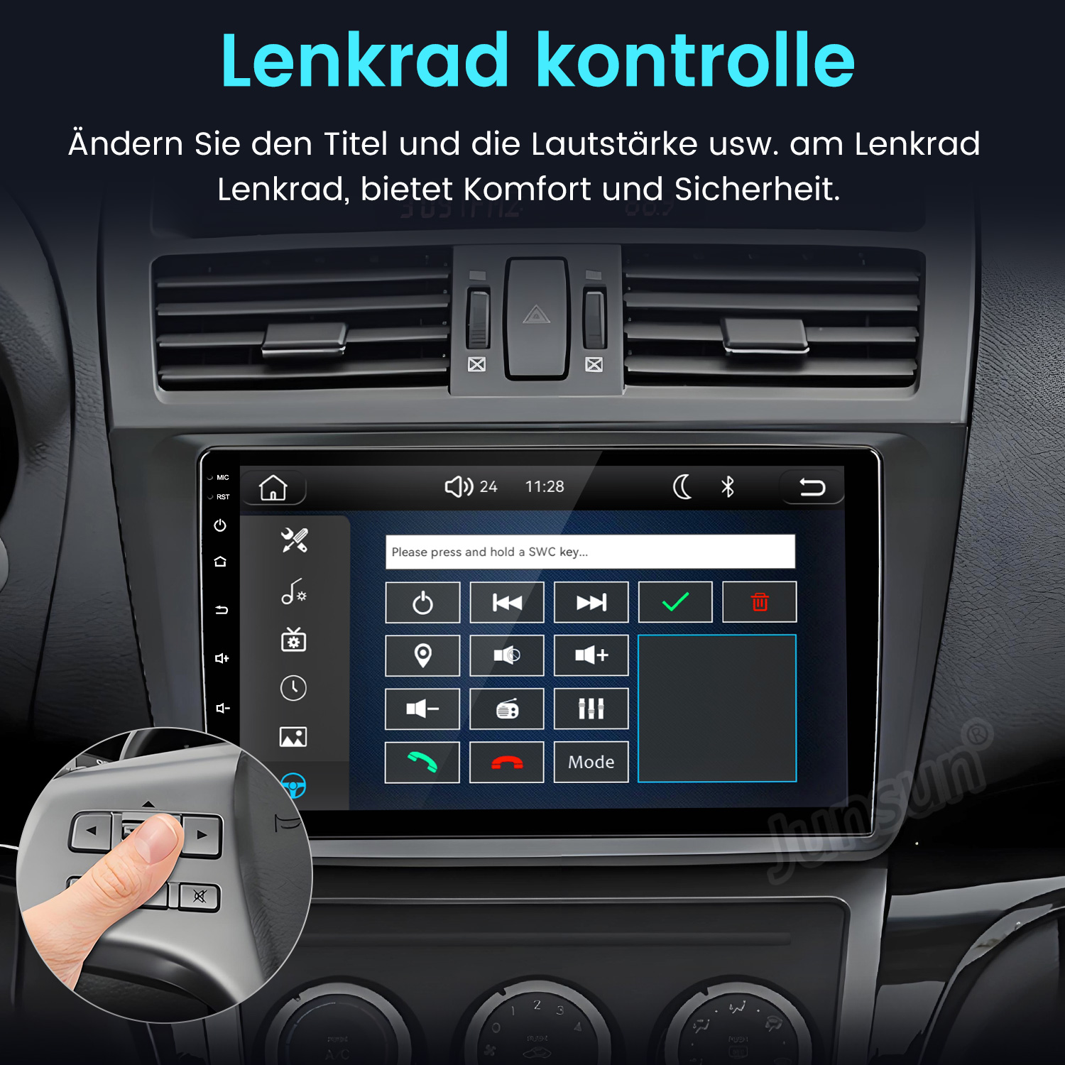 Autoinnenraum mit Touchscreen-Display und Lenkradtasten-Steuerung.