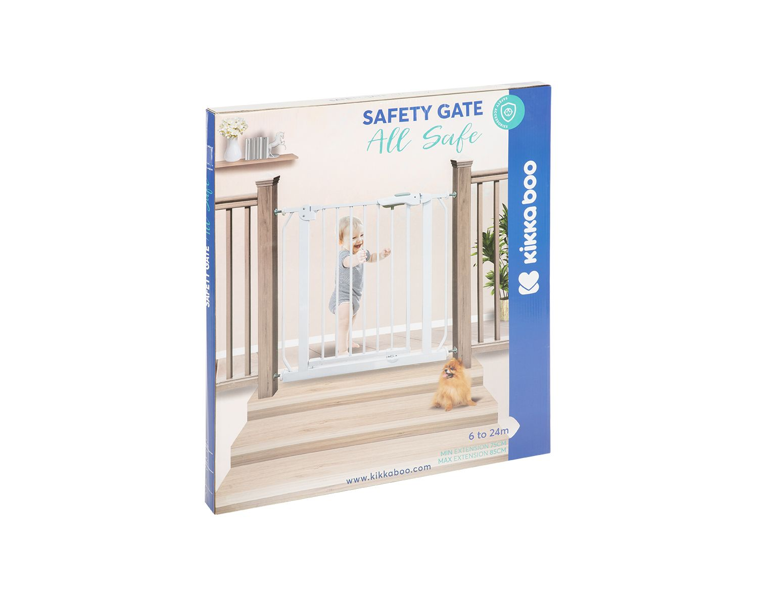 Verpackung eines Sicherheitsgitters mit Bild eines Babys und eines Hundes auf einer Treppe.