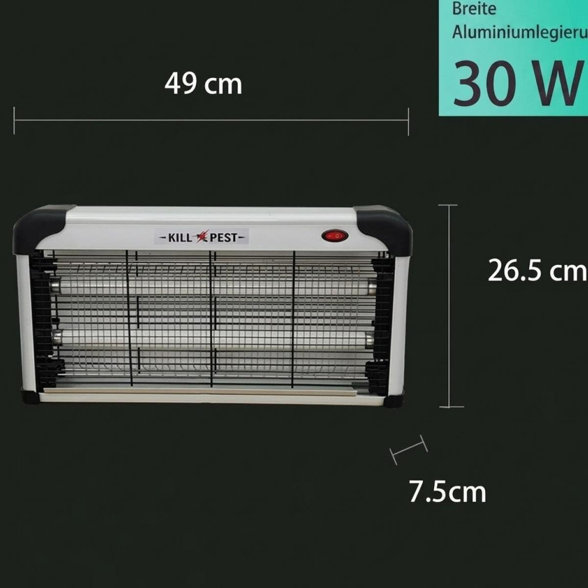 Kill Pest Insektenvernichter mit Maßen: 49 cm Breite, 26,5 cm Höhe, 7,5 cm Tiefe und 30 Watt Leistung.