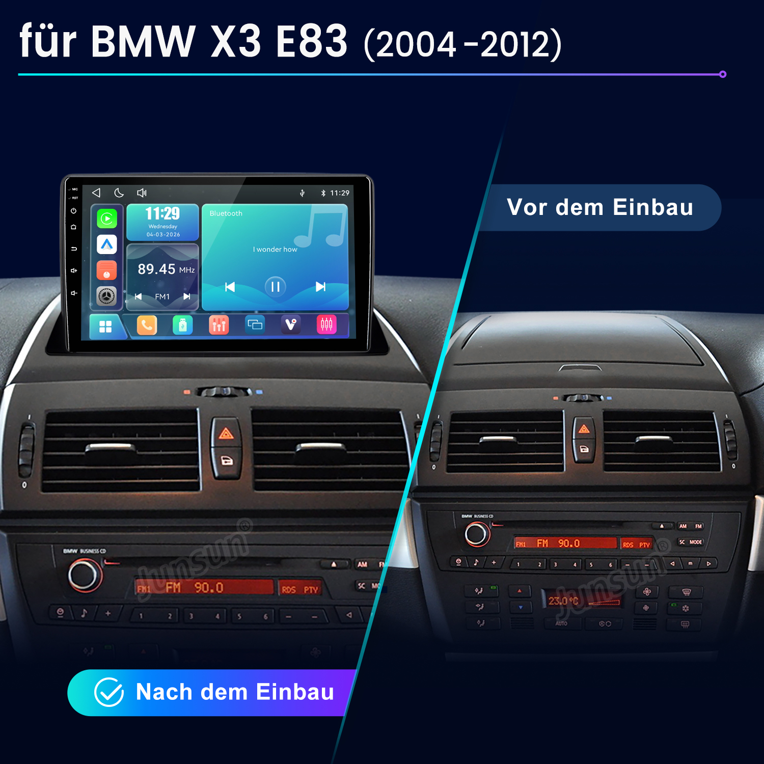 Vergleich eines BMW X3 E83 Armaturenbretts vor und nach dem Einbau eines Touchscreen-Radios.