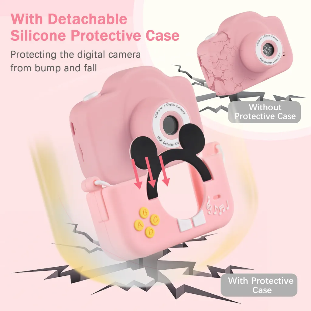 Rosa Digitalkamera für Kinder mit und ohne Schutzhülle aus Silikon.