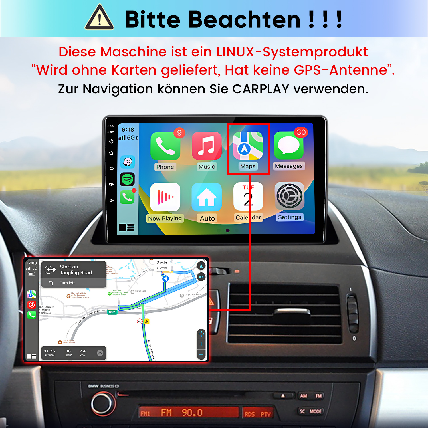 Autobarmaturenbrett mit digitalem Bildschirm für Karten und Musik, sowie einem Warnhinweis über Linux-Einschränkungen.