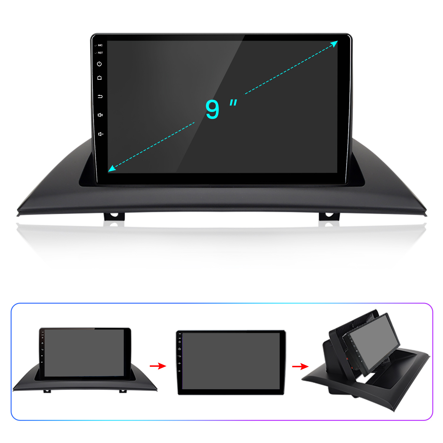 Ein 9-Zoll-Auto-Multimediasystem mit Touchscreen und Einbaurahmen, unten drei Ansichten.