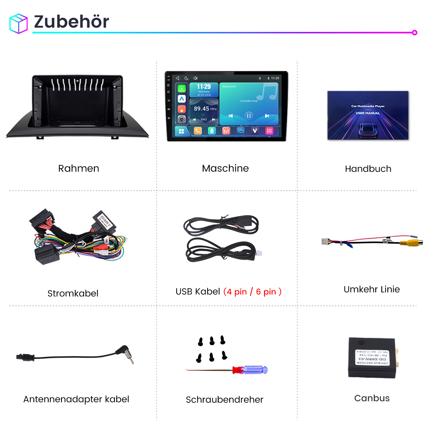 Übersicht des Autozubehörs mit Rahmen, Display, Handbuch, Kabeln, Schraubendreher und Canbus.