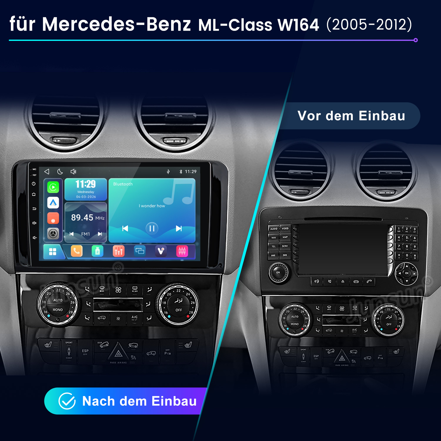 Vergleich des Mercedes-Benz W164 Armaturenbretts vor und nach dem Einbau eines neuen Multimedia-Touchscreens.