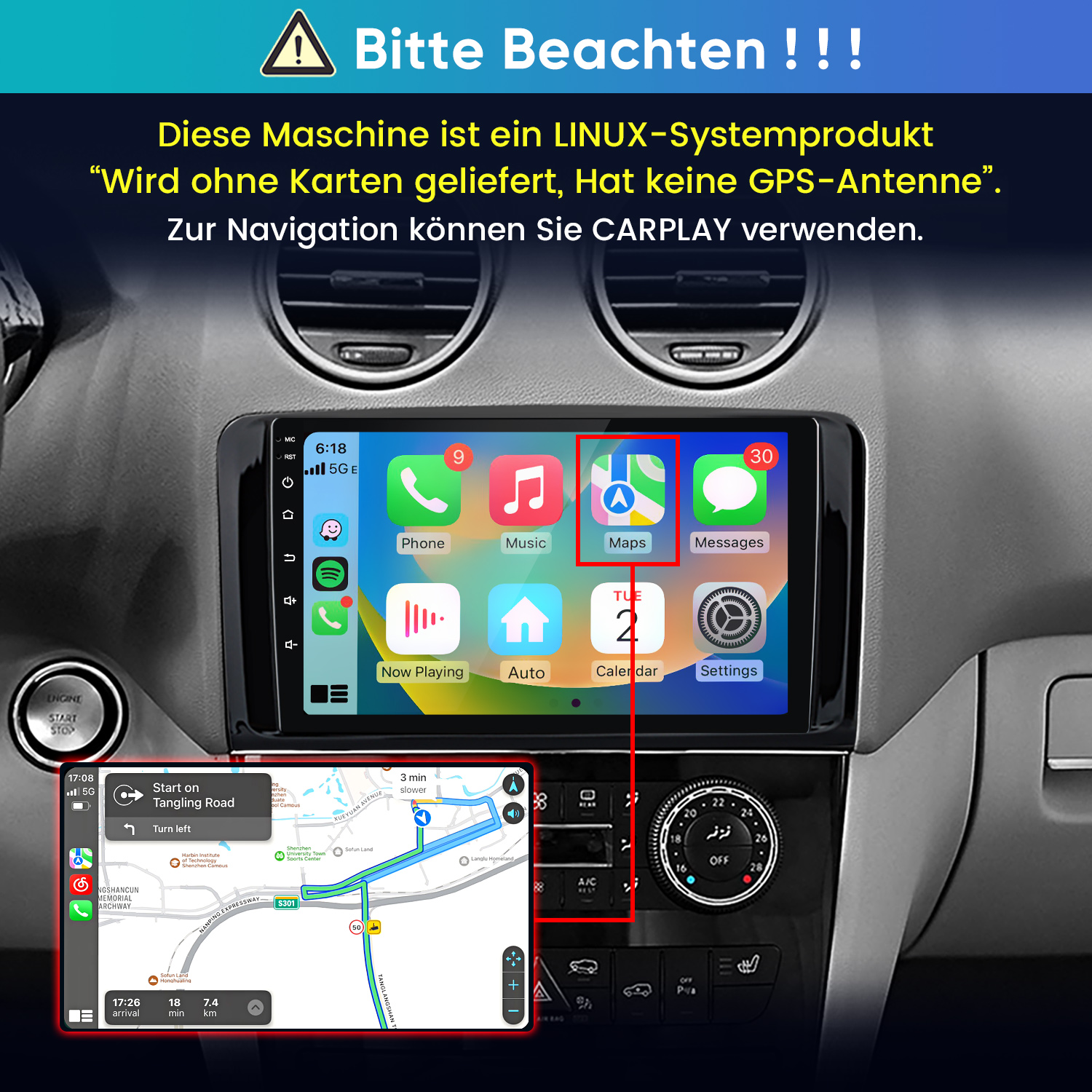 Linux-Autoradio mit CarPlay-Navigation und Apps in einem Armaturenbrett.