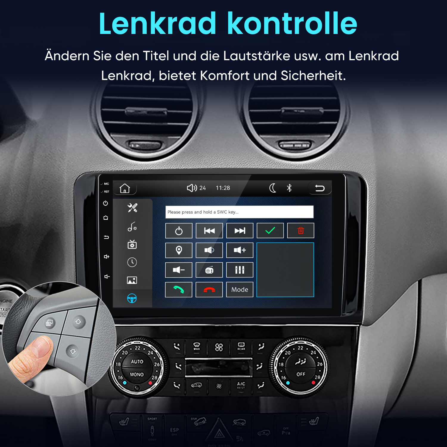 Autoinnenraum mit einem Infotainment-Bildschirm und Lenkradtasten im Inset.
