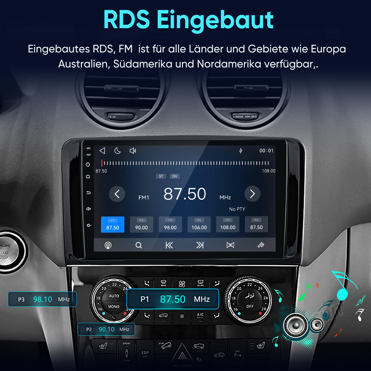 Ein Auto-Armaturenbrett mit einem digitalen Touchscreen, das eine FM-Frequenz mit RDS und Steuertasten anzeigt.