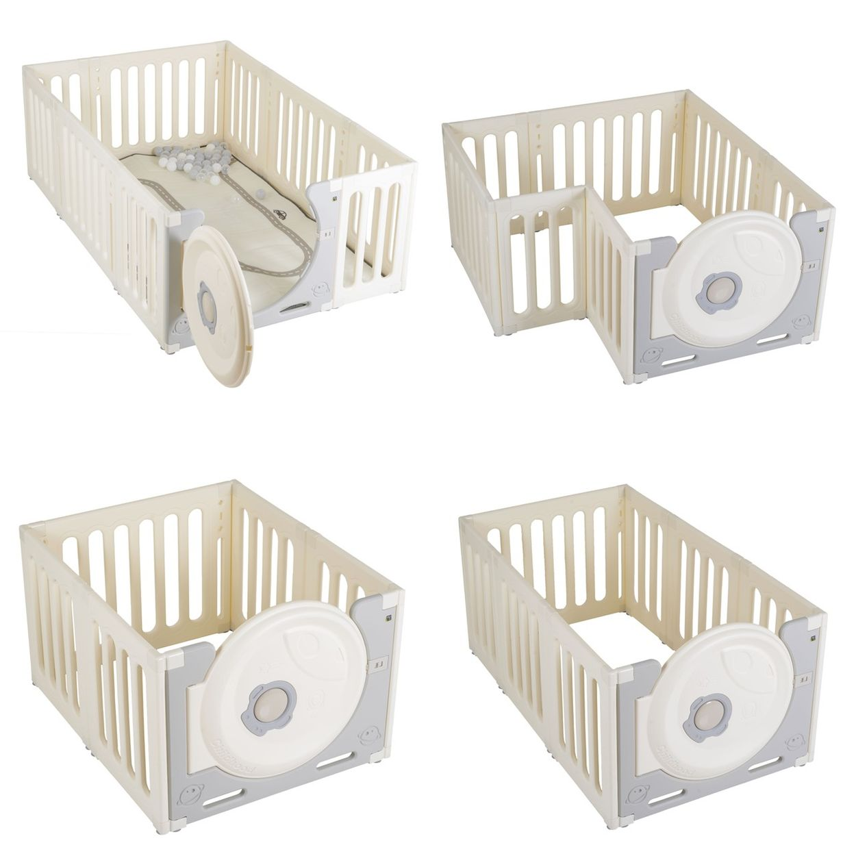 Vier Bilder zeigen verschiedene Konfigurationen eines beigen Baby-Laufstalls aus Kunststoff mit einer Tür.