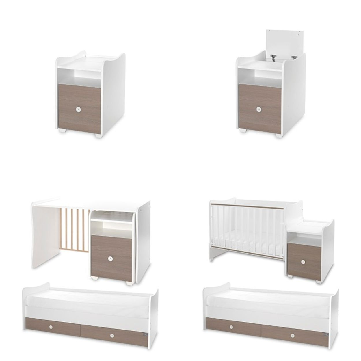 Verschiedene Konfigurationen eines weißen und holzfarbenen Babybetts mit integrierter Kommode.