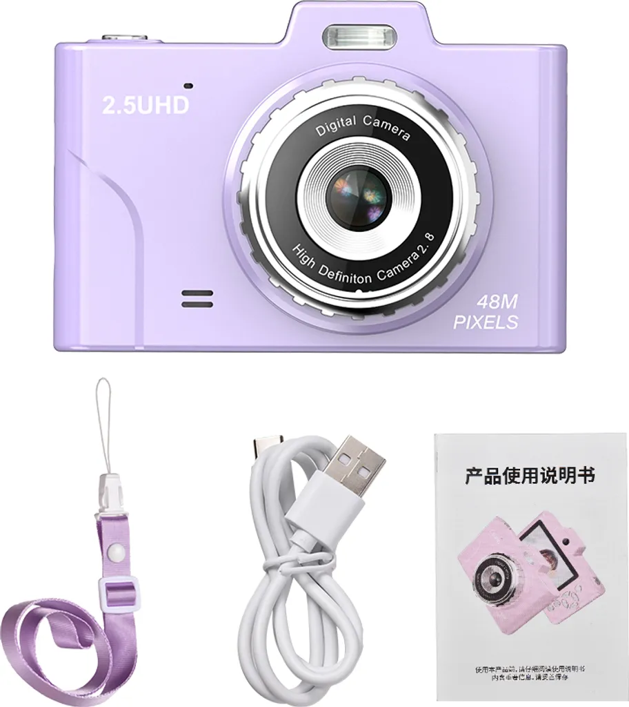 Lila Digitalkamera mit Trageband, USB-Kabel und Bedienungsanleitung auf weißem Hintergrund.