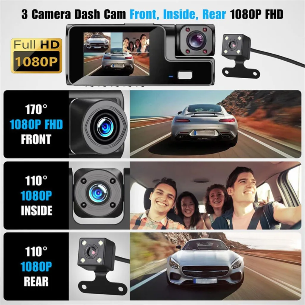 Eine 3-Kamera-Dashcam zeigt Front-, Innen- und Rückaufnahmen von Autos.