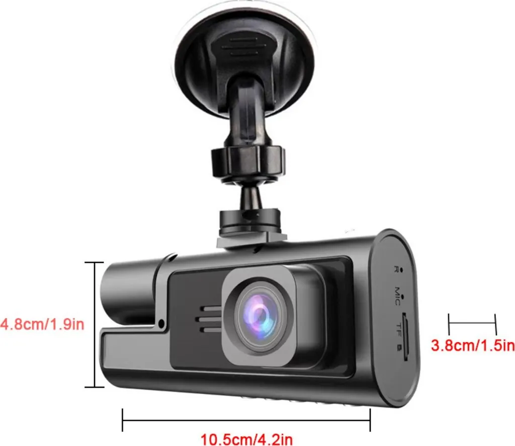 Schwarze Dashcam mit Saugfuß und integrierten Maßangaben.