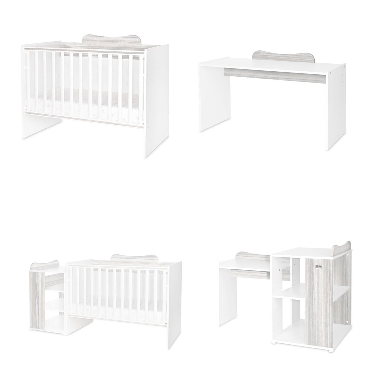 Modulares Möbelset in Weiß und Grau mit Kinderbett, Schreibtisch und Regalen.