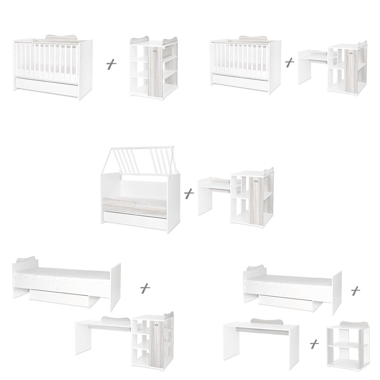 Wachsendes Babybett-Set mit modularer Wickelkommode, Schreibtisch und verschiedenen Kombinationsmöglichkeiten in Weiß.