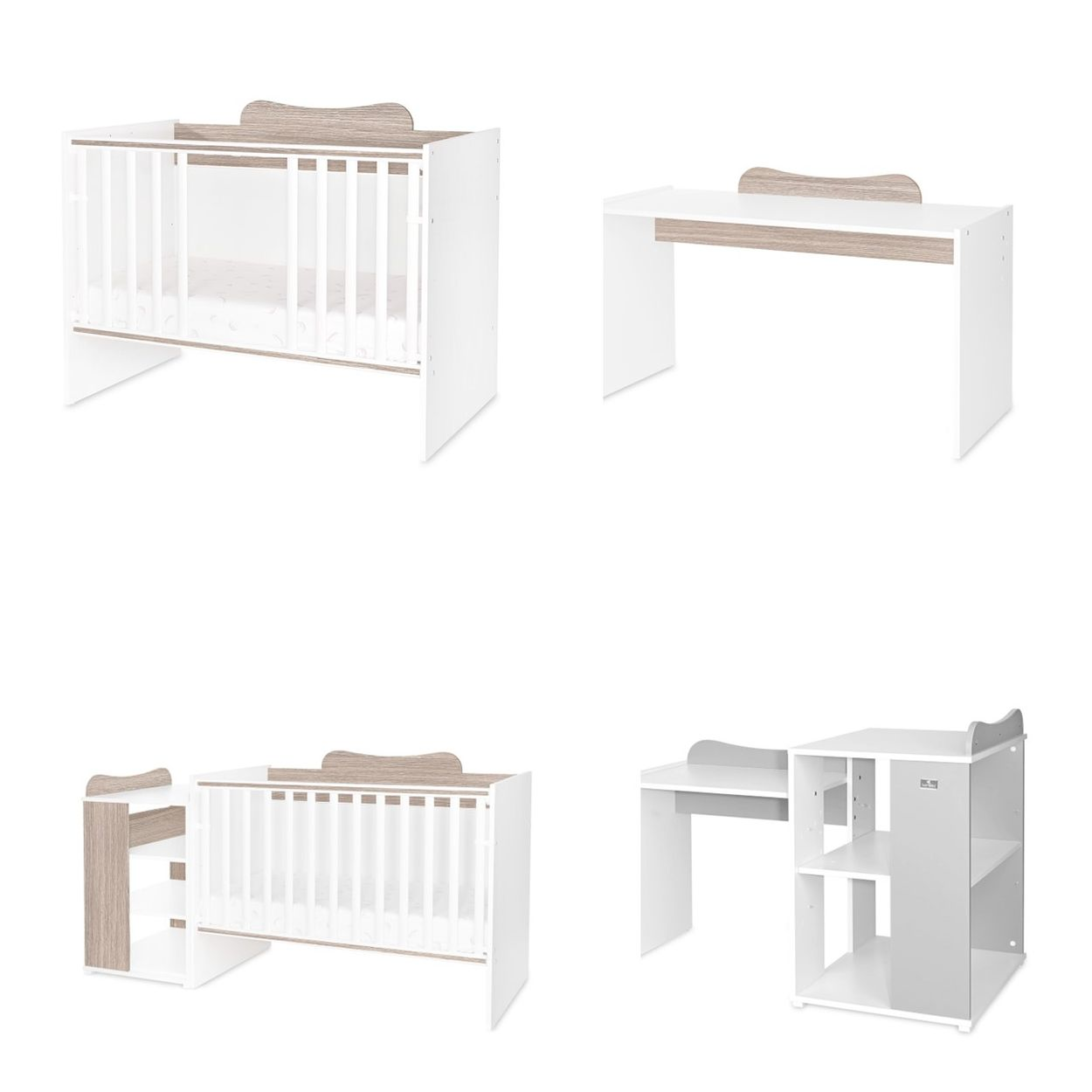 Modulares Möbelset in Weiß und Holzoptik mit Babybett, Schreibtisch und Regalen.
