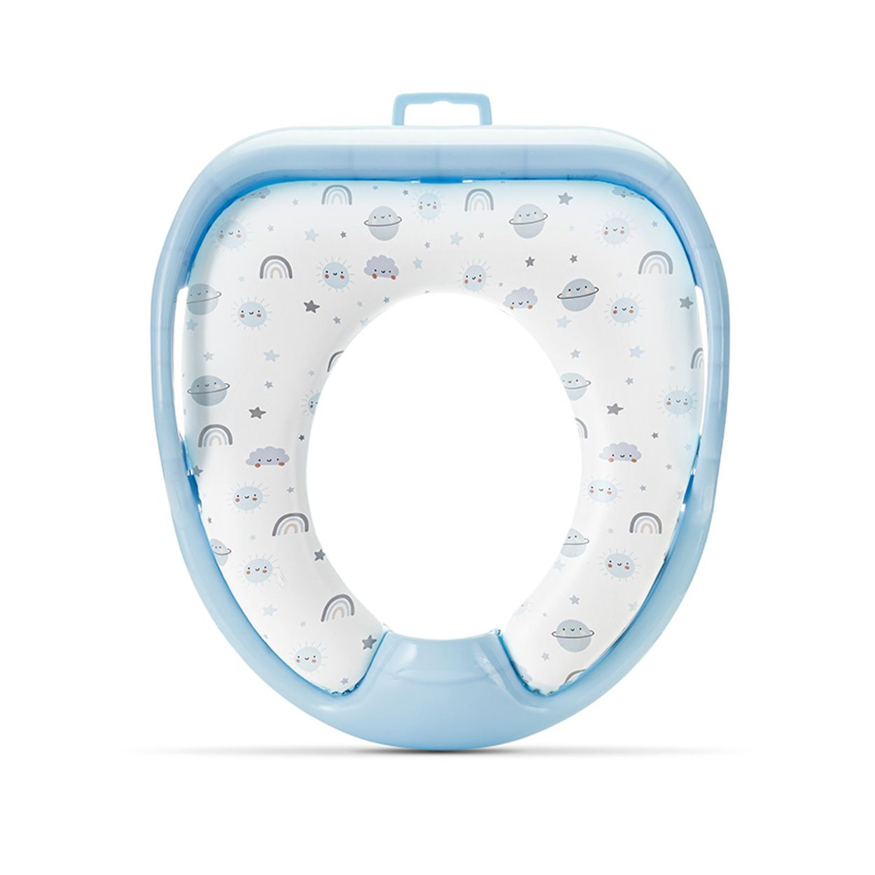 Hellblauer WC-Sitz für Kinder mit Muster aus kleinen Wolken, Regenbögen und Sonnen.