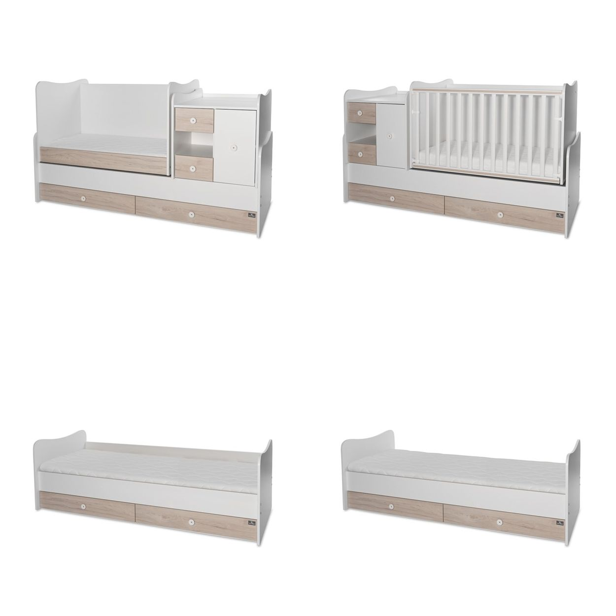 Modulares weißes und holzfarbenes Kinderbett mit integrierter Kommode, verstellbarem Gitter und Schubladen.