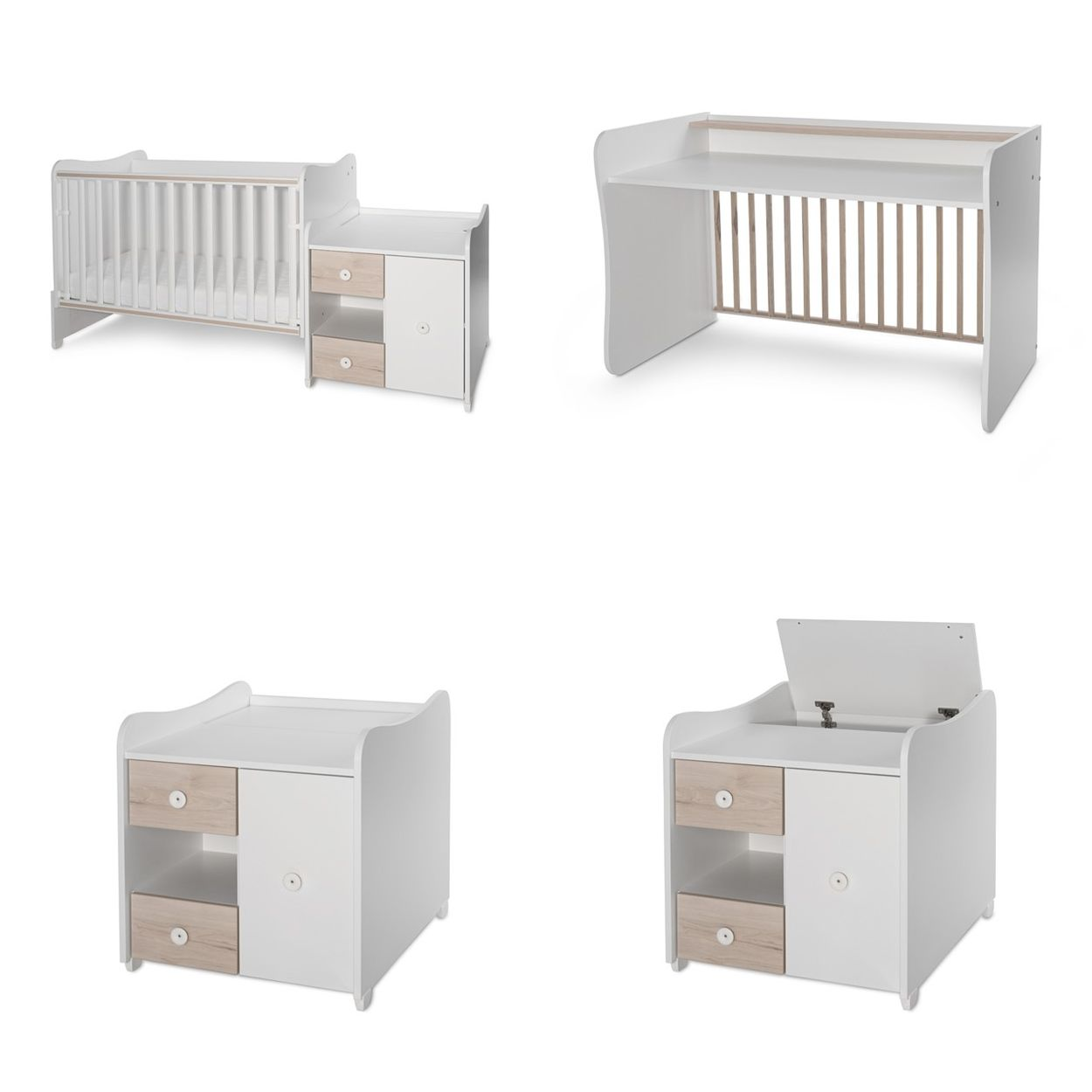Verwandelbares weißes Babybett und passender Schrank mit Holzschubladen in verschiedenen Konfigurationen.