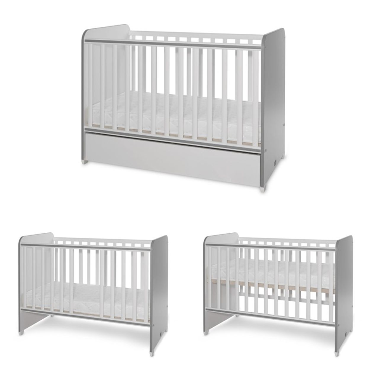 Drei weiße und graue Babybetten mit verstellbarer Matratzenhöhe und integrierter Schublade.