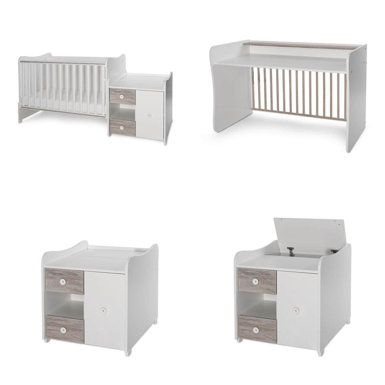 Verwandelbares weißes Babybett und passender Schrank in vier modularen Konfigurationen.